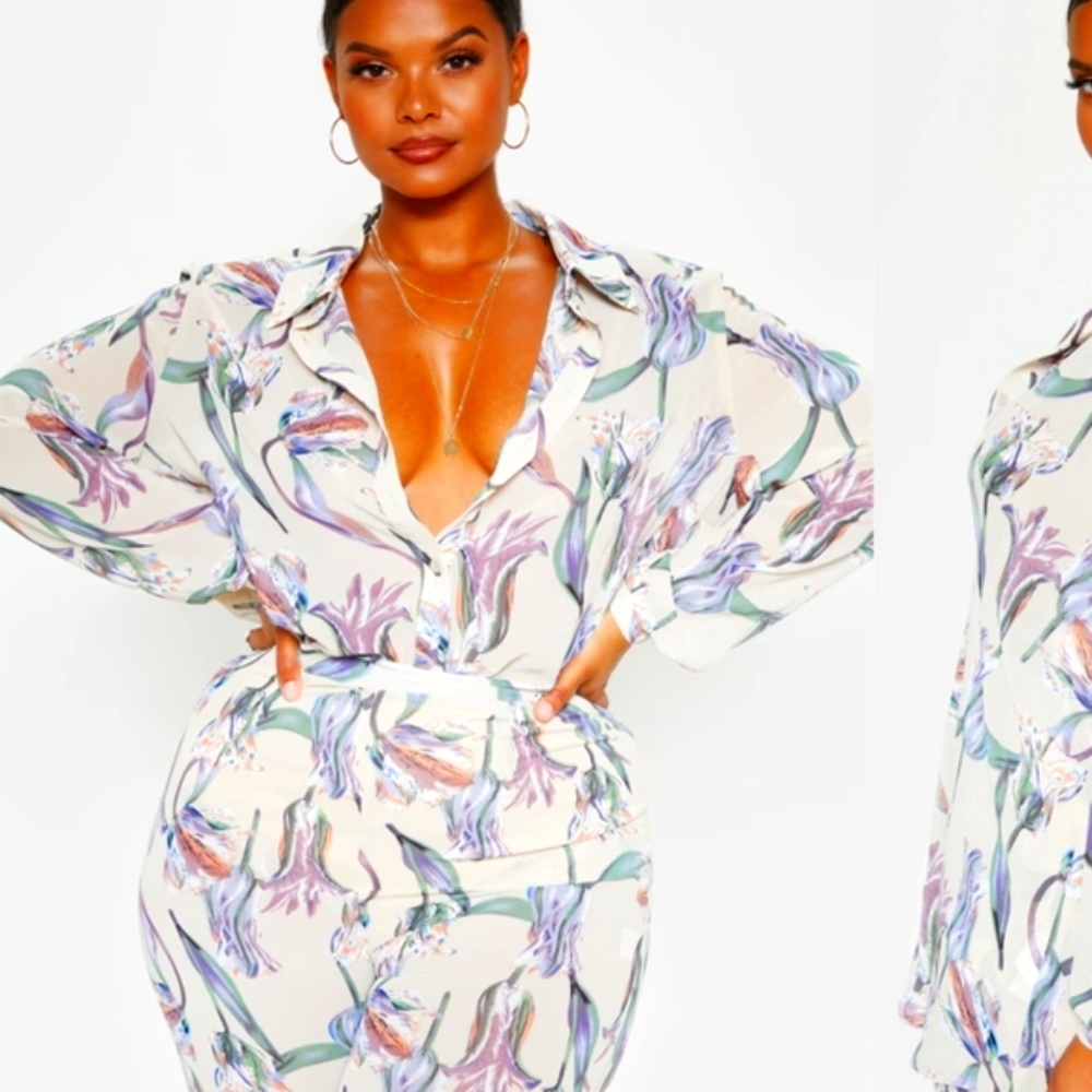PrettyLittleThing Cream Floral Button Down Shirt